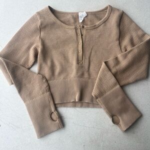 Aerie Beige Waffle Knit Button-Up